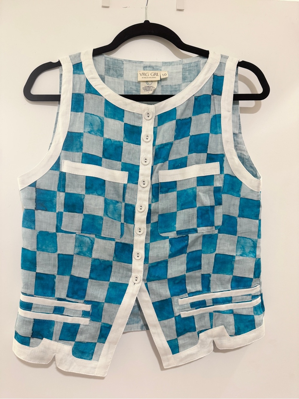Vrg Grl Lila Linen Vest checkered size small Aus 10